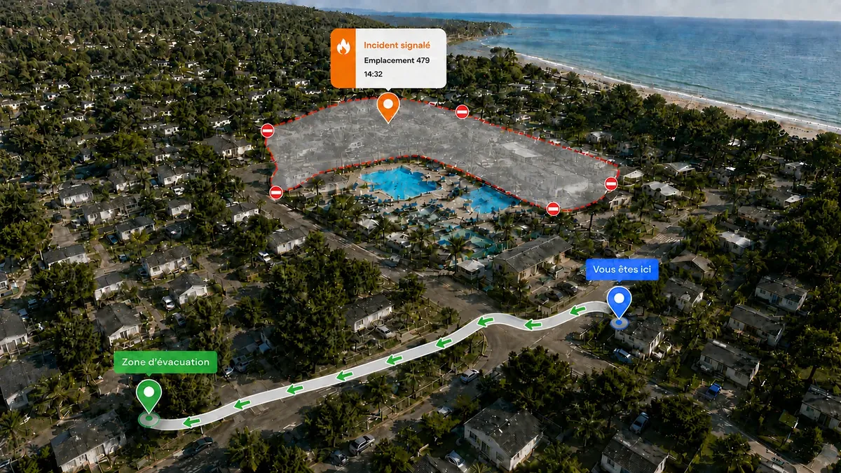 Luftaufnahme eines Campingplatzes mit gemeldetem Vorfall, Evakuierungszone und einzuhaltender Route
