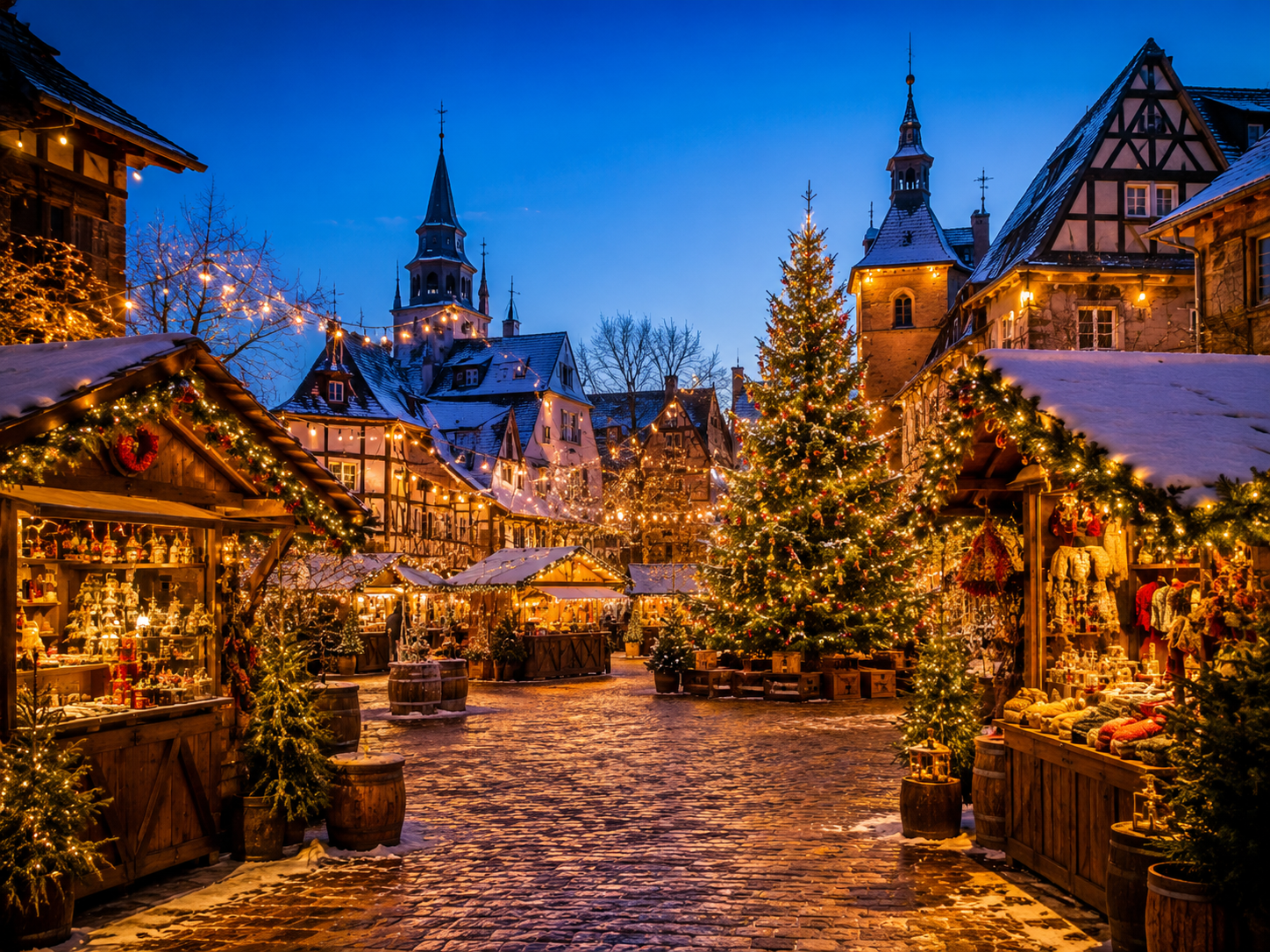 Weihnachtsmarkt in einer beleuchteten Einkaufsstraße